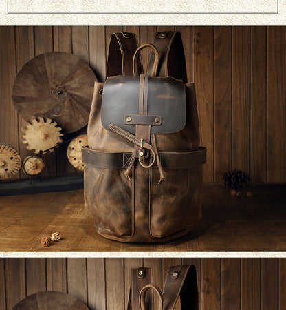 Men's Backpack Genuine Cowhide Leather Handmade Fashion Casual Travel Retro Crazy Horse Men's Bag 