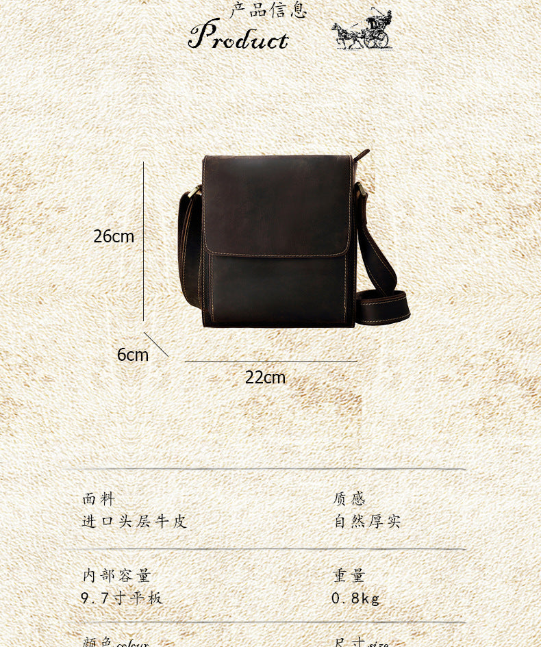 Men's Shoulder Bag Genuine Cowhide Leather Crazy Horse Original Simple Business Casual Fashion Crossbody Bag for Men 