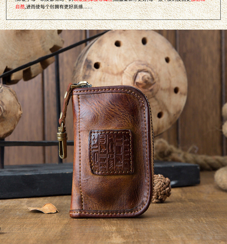 Men's Wallet Handmade Cowhide Genuine Leather Zipper Keychain for Waist Multifunctional Fashion Bag for Men