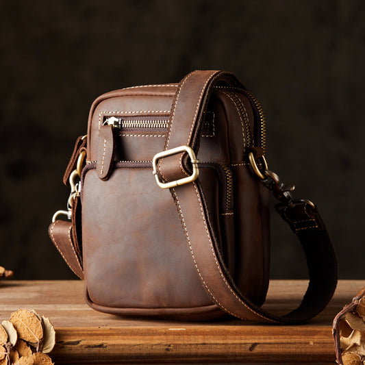 Men's Shoulder Bag Handmade Genuine Cowhide Leather Crazy Horse Retro Casual Fashion Men's Crossbody Bag Smartphone Pouch 