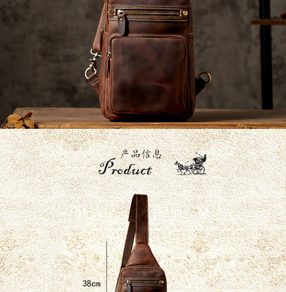 Men's Bust Bag Genuine Cowhide Leather Handmade Vintage Casual Large Capacity Men's Shoulder Bag Crossbody Bag 