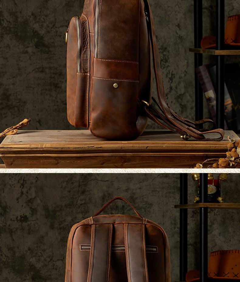 Men's Backpack Cowhide Genuine Leather Retro Casual Fashion Handmade Travel Bag Men's Computer Bag Rucksack 