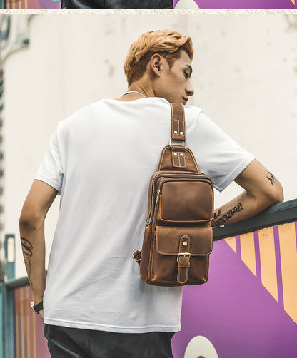 Men's Bust Bag Handmade Genuine Cowhide Leather Crazy Horse Retro Fashion Casual Crossbody Bag Shoulder Bag 