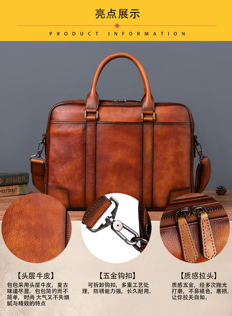 Men's Briefcase Cowhide Genuine Leather Retro Casual Men's Handbag 