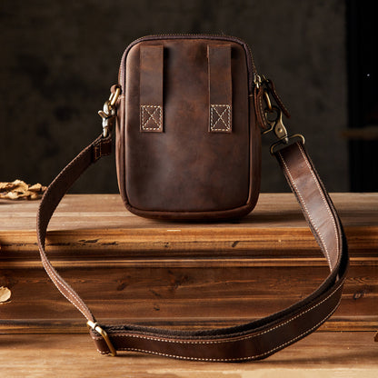 Men's Shoulder Bag Handmade Genuine Cowhide Leather Crazy Horse Retro Casual Fashion Men's Crossbody Bag Smartphone Pouch 