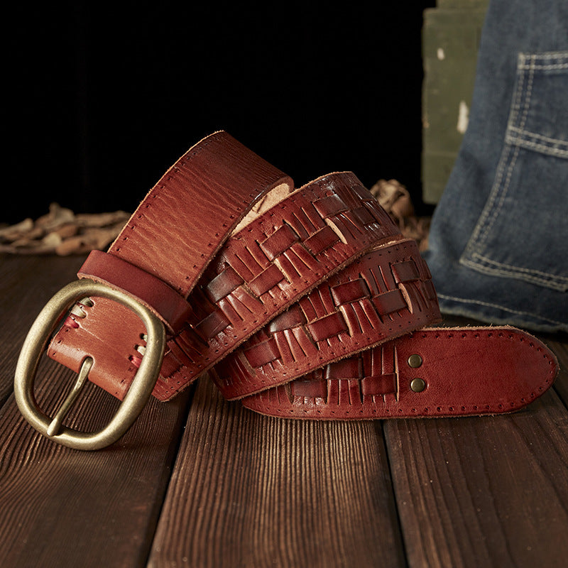 Men's Belt Hand-knitted Cowhide Genuine Leather Copper Needle Buckle Retro Fashion Personality Casual Men's Belt 