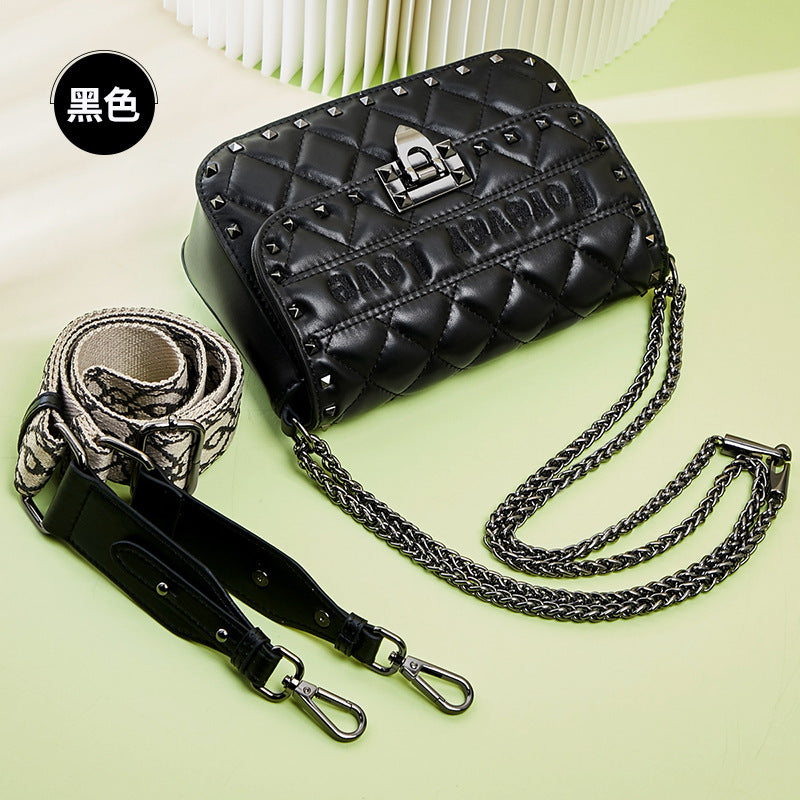 Ladies Bag Fashion Genuine Leather Chain Bag Rivet Single Broadband Square Bag Trend Shoulder Bag.Pochette