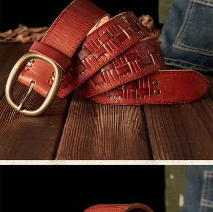 Men's Belt Hand-knitted Cowhide Genuine Leather Copper Needle Buckle Retro Fashion Personality Casual Men's Belt 