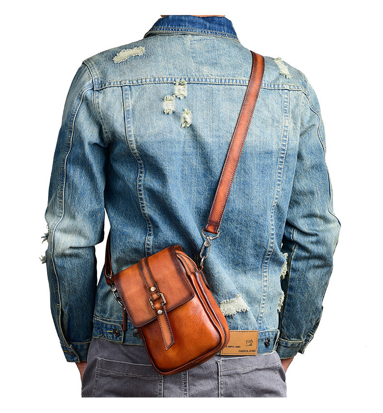 Men's Shoulder Bag Genuine Cowhide Leather Retro Casual Unisex Crossbody Bag 