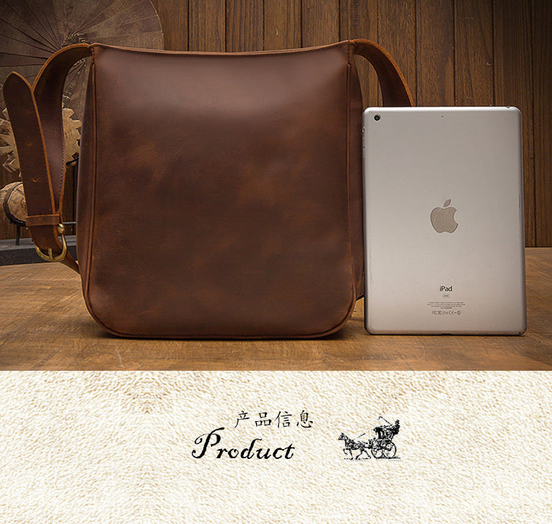 Men's Shoulder Bag Genuine Cow Leather Crazy Horse Handmade Unique Korean Fashion Casual Crossbody Bag 