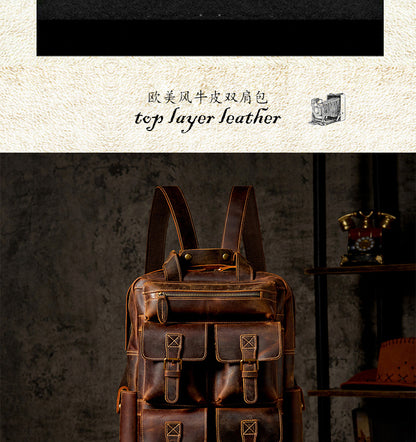 Men's backpack genuine cowhide leather Crazy Horse original large capacity retro outdoor unique travel bag 