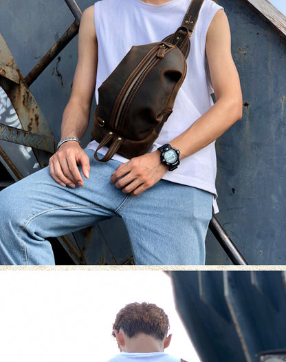 Men's Bust Bag Genuine Cowhide Leather Handmade Casual Vintage Unique Korean Fashion Crossbody Bag for Men 