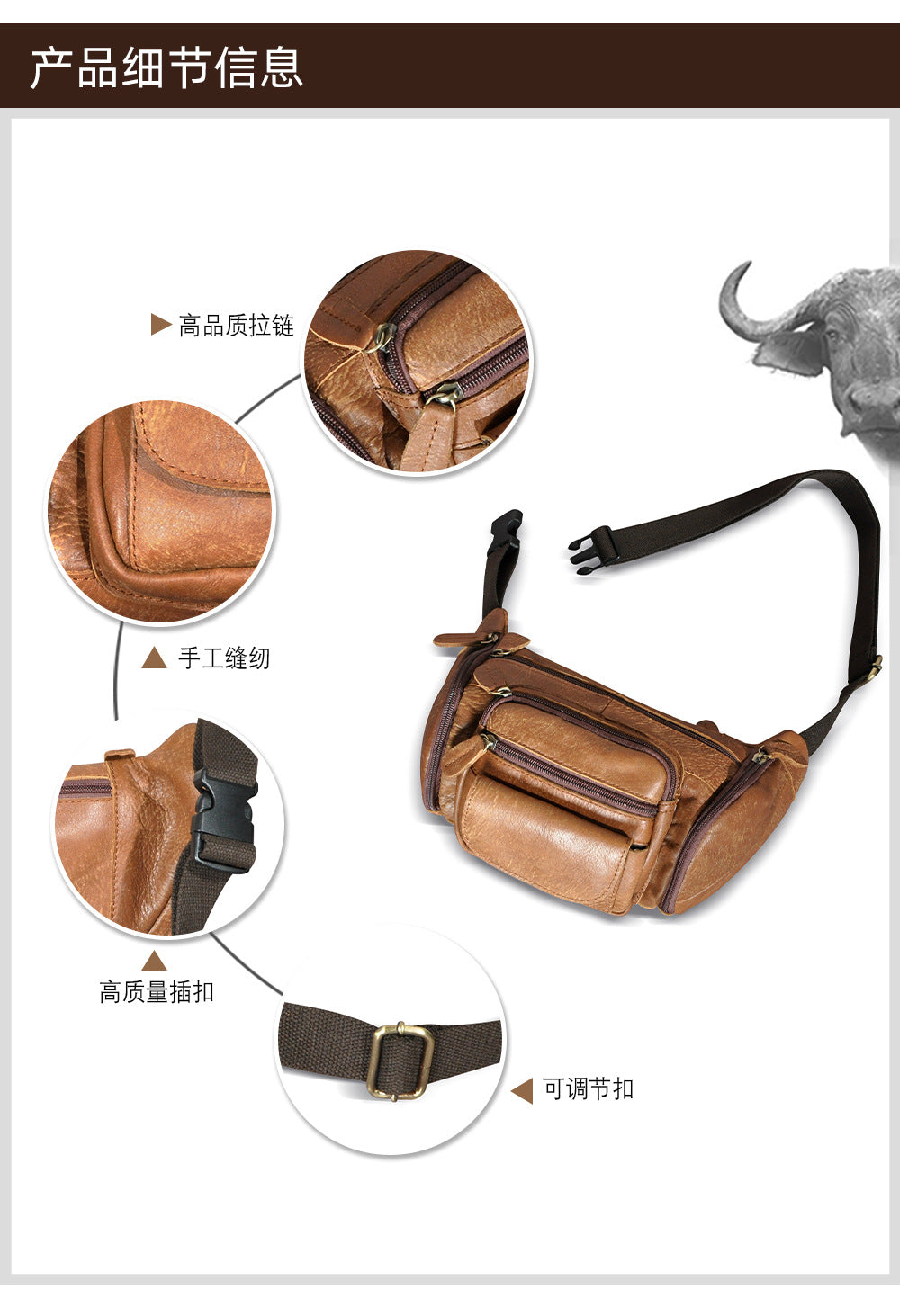 Men's waist pouch cowhide genuine leather fashion retro outdoor bust bag for men 