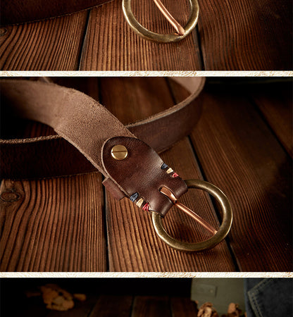 Men's belt handmade cowhide genuine leather retro copper needle buckle casual personality belt for men