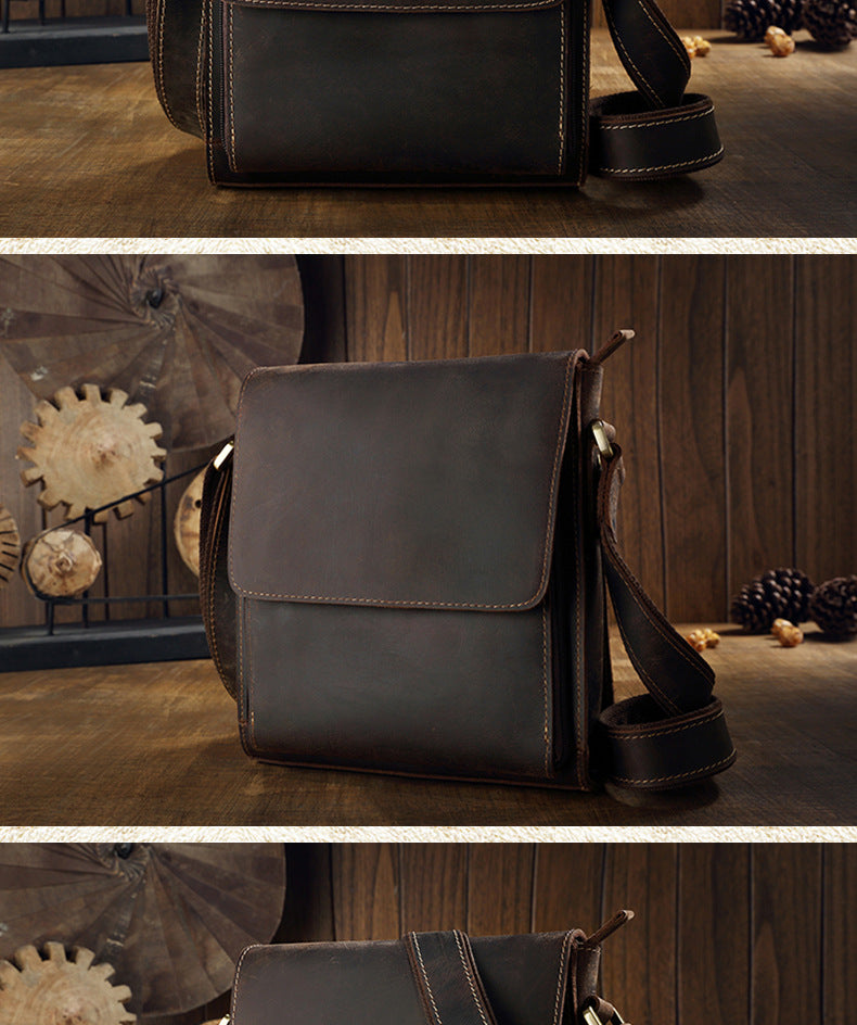 Men's Shoulder Bag Genuine Cowhide Leather Crazy Horse Original Simple Business Casual Fashion Crossbody Bag for Men 