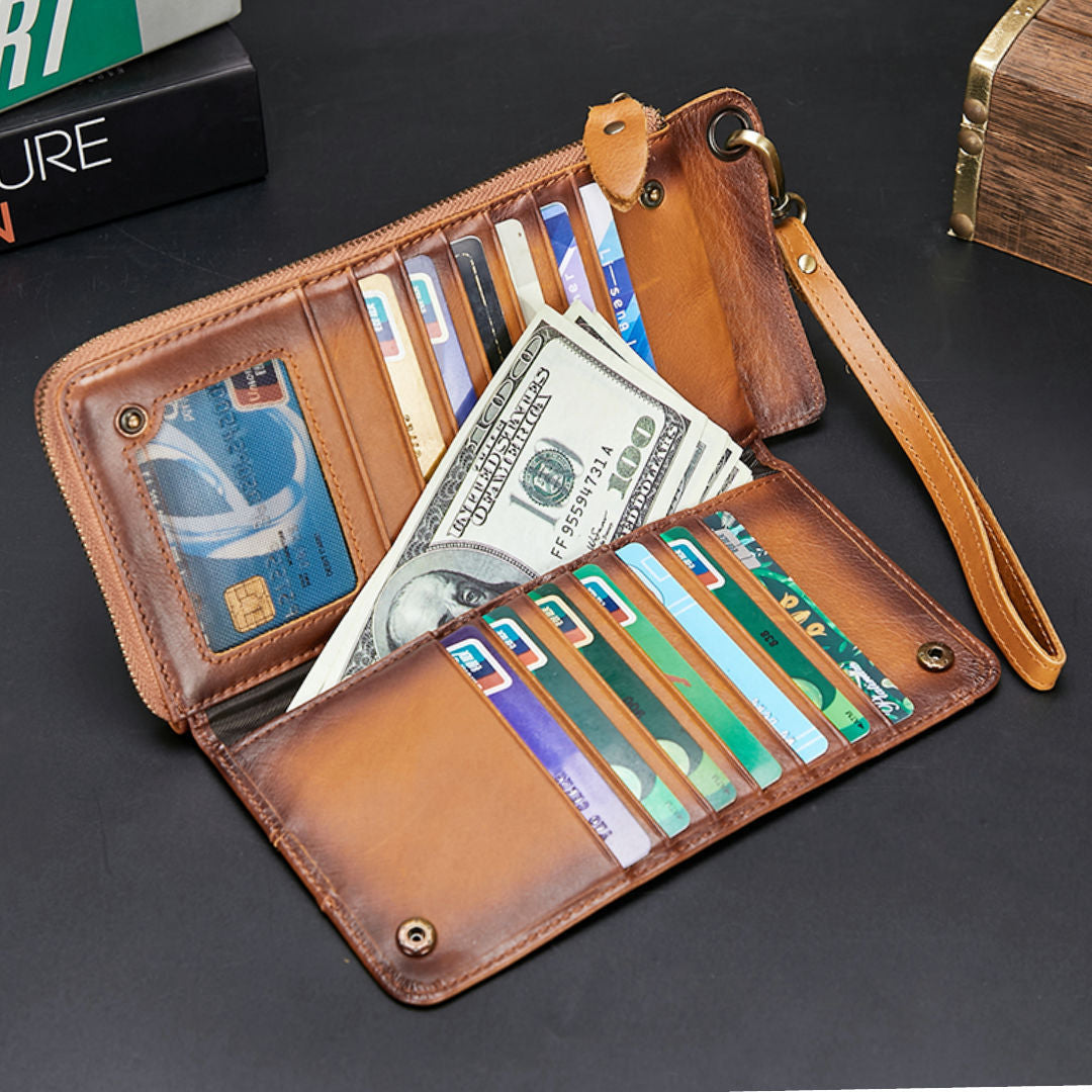 Men's long wallet Cowhide zipper Card holder Large capacity clutch bag Men's wallet 