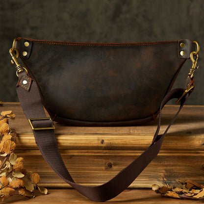 Men's Bust Bag Handmade Cowhide Genuine Leather Unique Waist Pouch Retro Casual Fashion Men's Crossbody Bag Shoulder Bag 