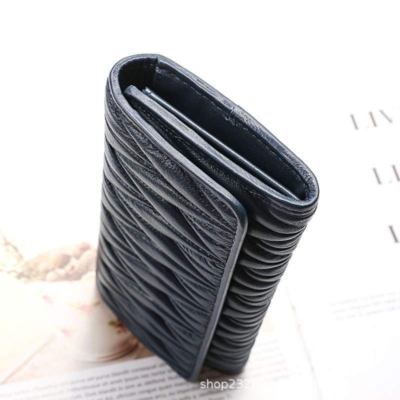 Women's Wallet Sheep Leather Clutch Bag Pleated Genuine Leather Long Wallet Fashion Wallet Women's Wallet