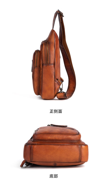 Men's Crossbody Bag Genuine Cowhide Leather Retro Casual Men's Bust Bag 