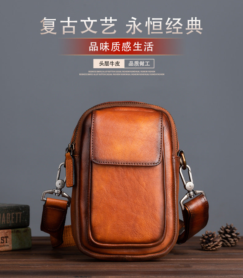 Men's Shoulder Bag Genuine Cowhide Leather Retro Casual Crossbody Bag for Men 