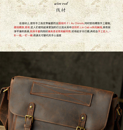 Men's Messenger Bag Handmade Genuine Cowhide Leather Crazy Horse Korean Fashion Crossbody Bag Shoulder Bag 