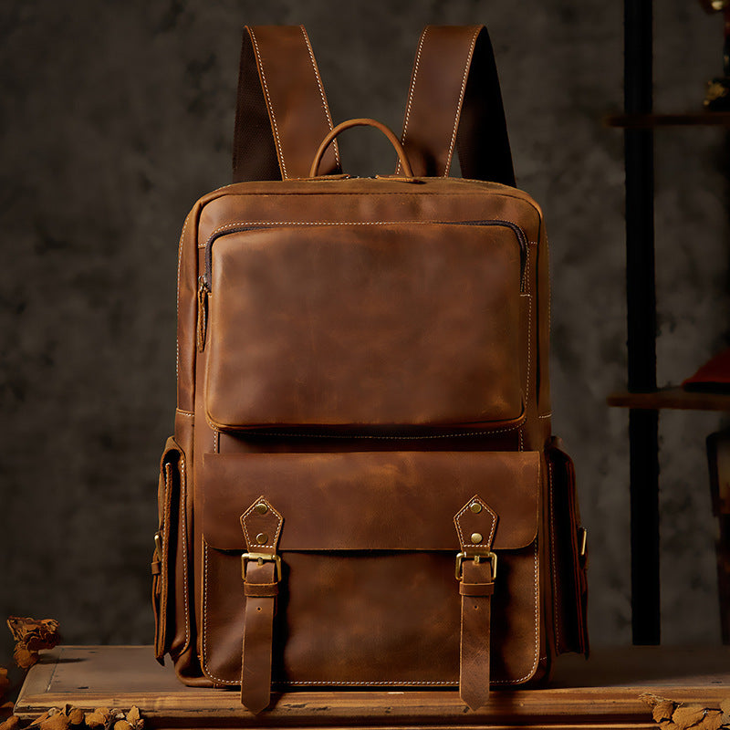 Men's Backpack Handmade Cowhide Genuine Leather Retro Crazy Horse Large Capacity Travel Bag Men's Computer Bag 