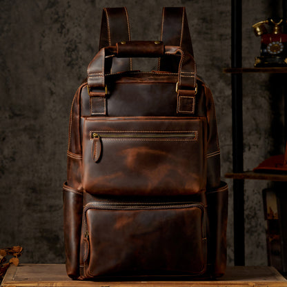 Men's Backpack Handmade Cowhide Genuine Leather Crazy Horse Retro Large Capacity Computer Bag Casual Fashion Business Travel Bag 