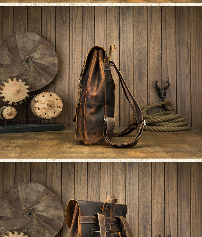 Men's Rucksack Korean Fashion Handmade Cowhide Genuine Leather Crazy Horse Outdoor Travel Bag Casual Computer Bag for Men 