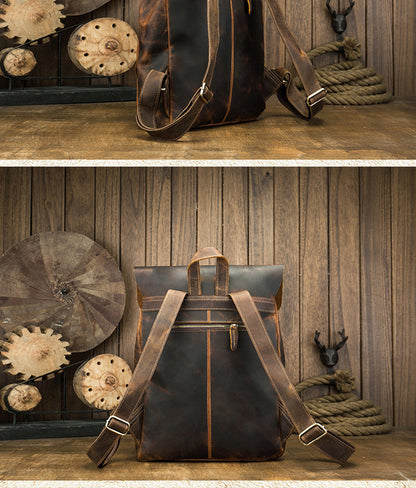 Men's Rucksack Korean Fashion Handmade Cowhide Genuine Leather Crazy Horse Outdoor Travel Bag Casual Computer Bag for Men 