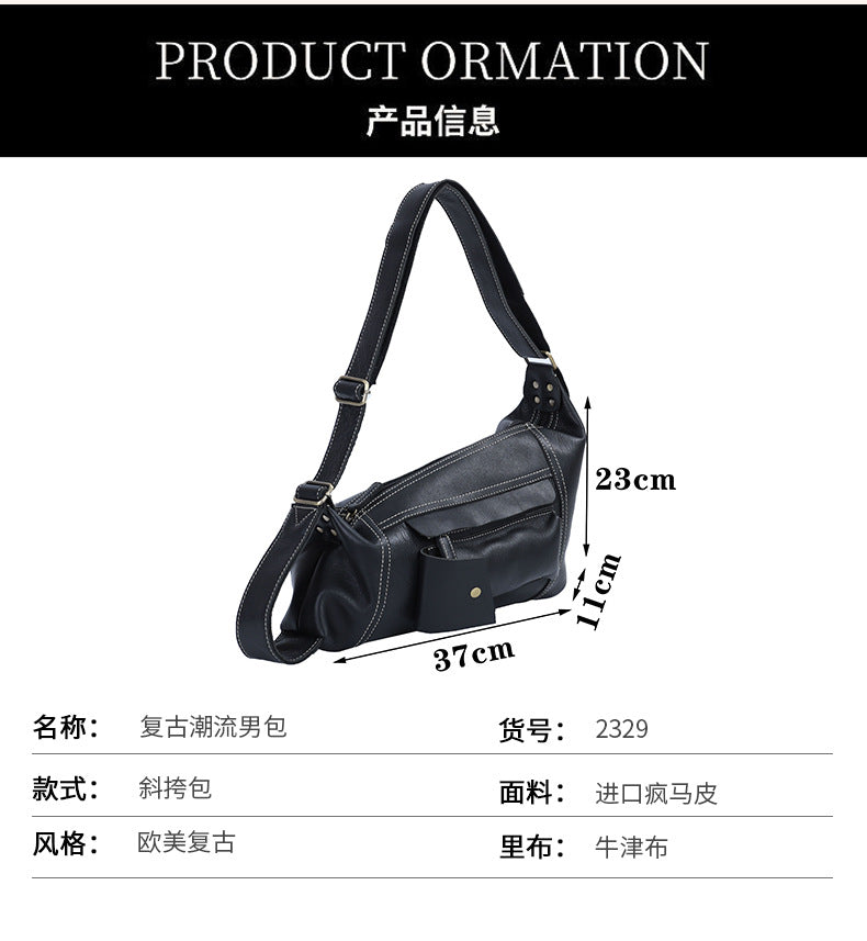 Men's Crossbody Bag Genuine Cowhide Leather Crazy Horse Fashion Commuter Shoulder Bag for Men 