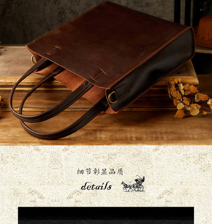 Men's Handbag Handmade Cowhide Genuine Leather Crazy Horse Handbag Business Commuter Retro Crossbody Bag Shoulder Bag Men's Briefcase 