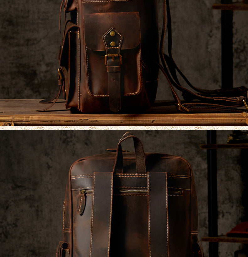 Men's Backpack Handmade Genuine Cowhide Leather Crazy Horse Retro Travel Bag Large Capacity Computer Bag Rucksack 