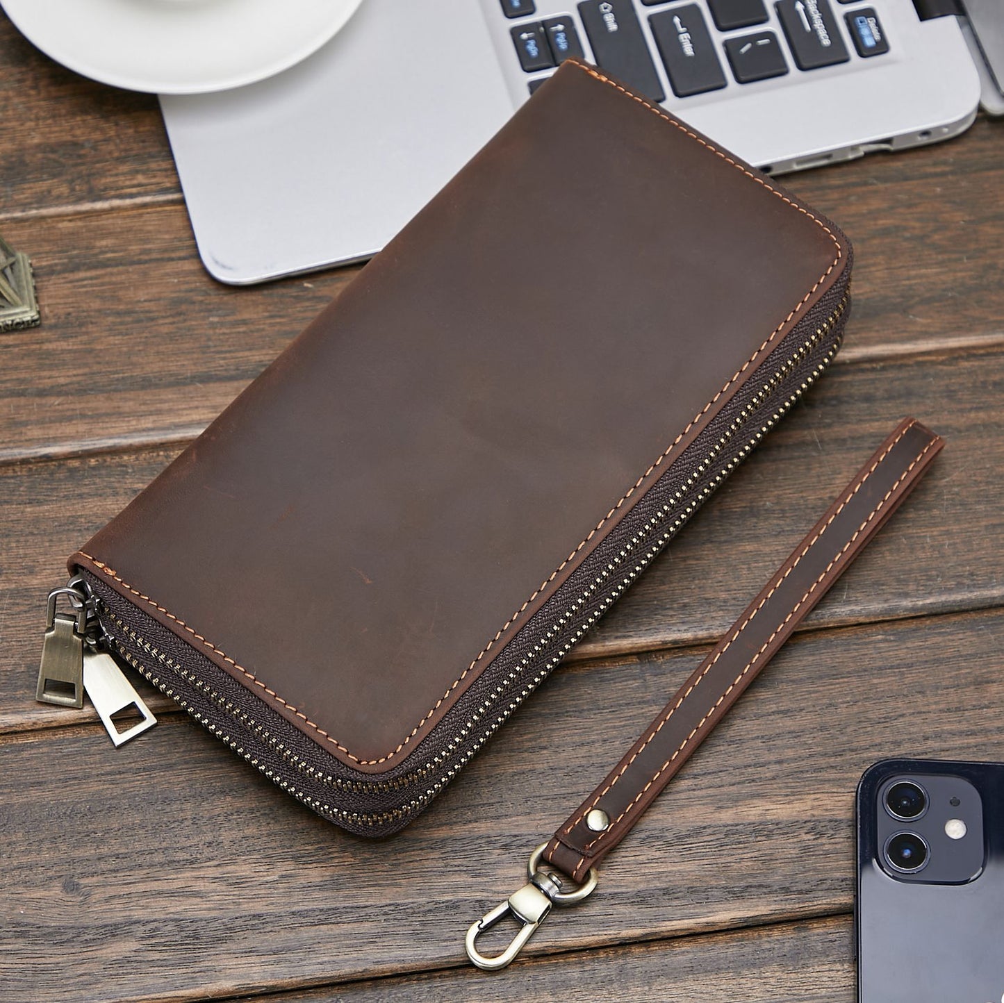 Men's Wallet Cowhide Large Capacity Double Zipper Business Clutch Bag Men's Wallet 