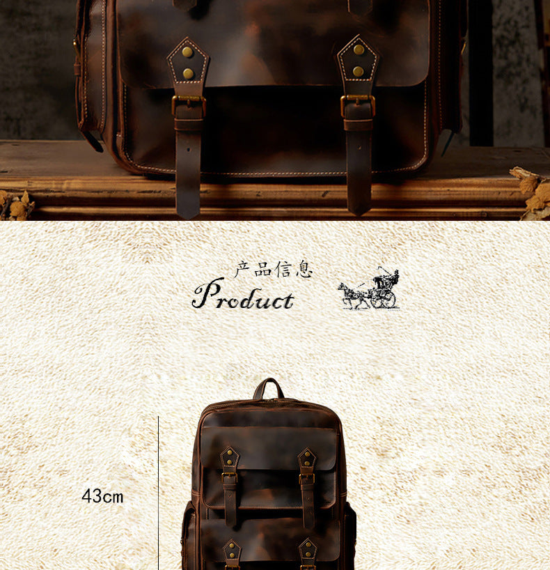 Men's Backpack Handmade Genuine Cowhide Leather Crazy Horse Retro Travel Bag Large Capacity Computer Bag Rucksack 