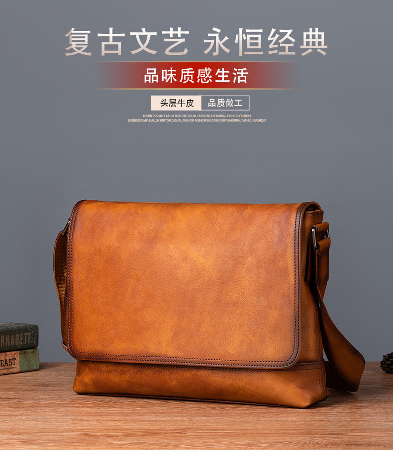 Men's Shoulder Bag Genuine Cowhide Leather Retro Casual Male Crossbody Bag 