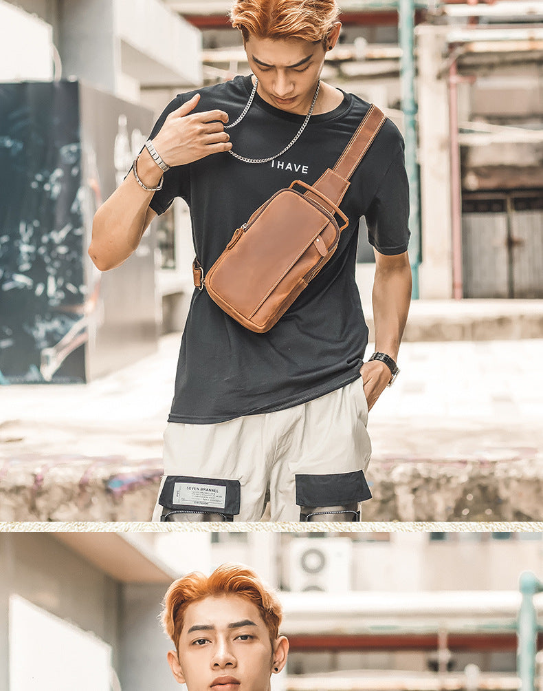 Men's Bust Bag Handmade Genuine Cowhide Leather Fashion Unique Men's Shoulder Bag Crossbody Bag 