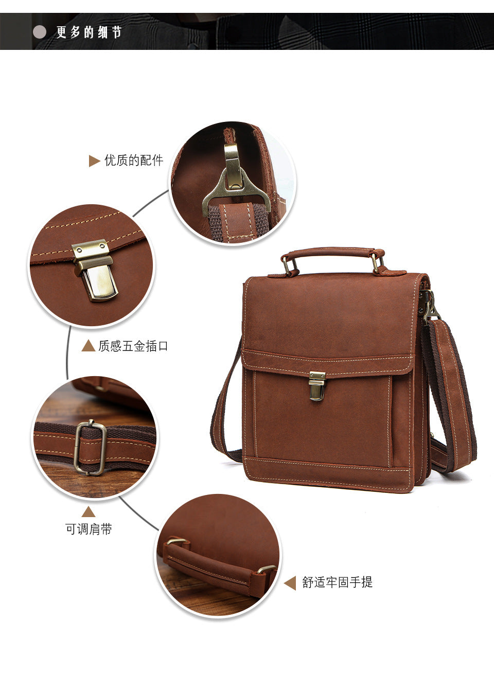 Men's Shoulder Bag Genuine Cowhide Leather Retro Briefcase Crossbody Bag for Men 