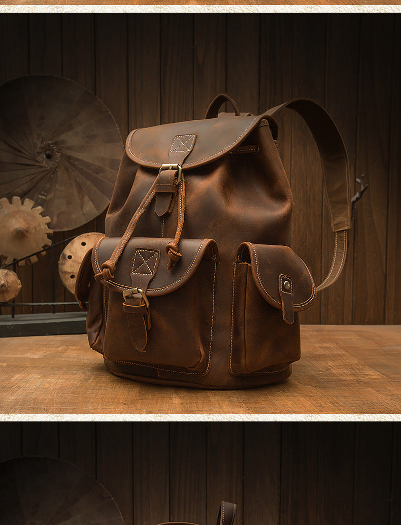 Men's Backpack Cowhide Genuine Leather Handmade Crazy Horse Retro Fashion Outdoor Travel Bag 