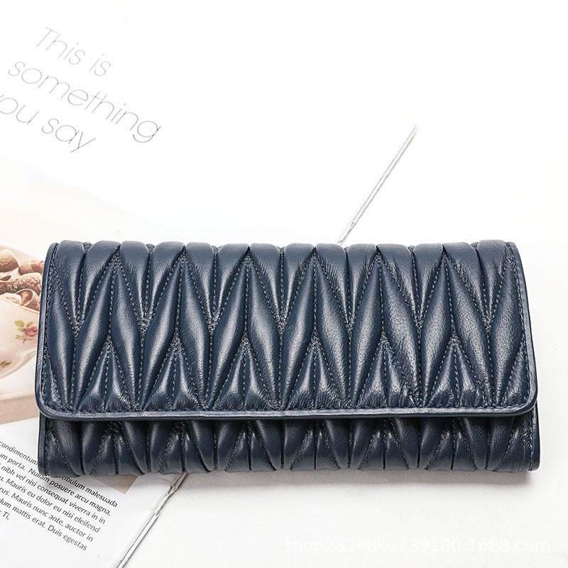 Women's Wallet Sheep Leather Clutch Bag Pleated Genuine Leather Long Wallet Fashion Wallet Women's Wallet