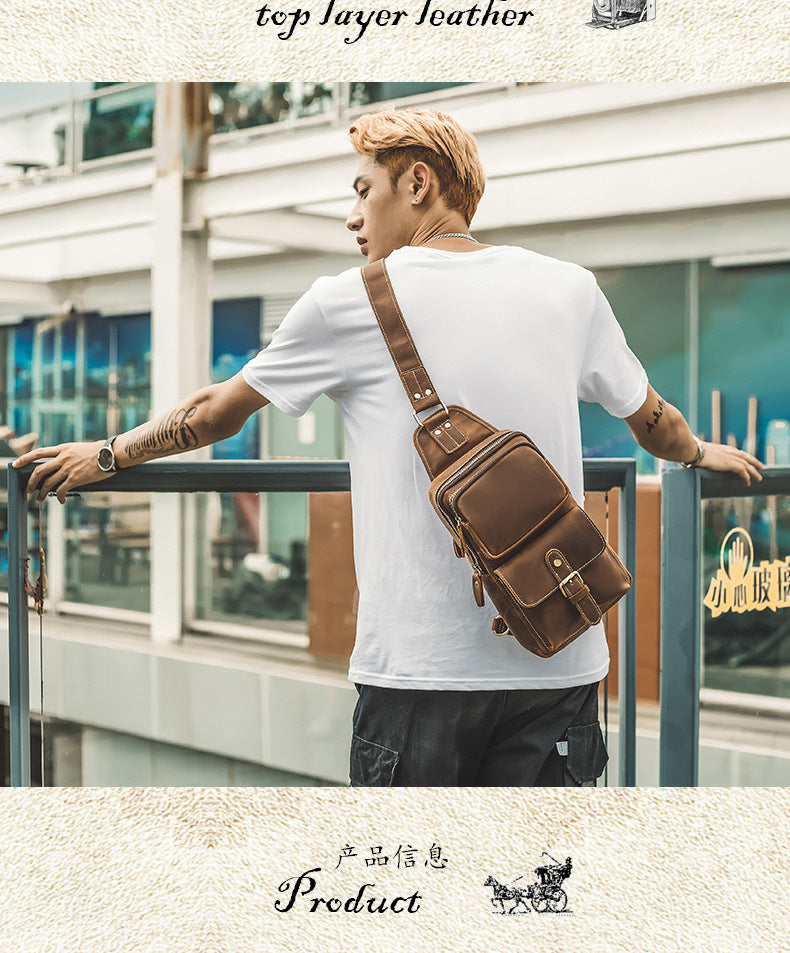 Men's Bust Bag Handmade Genuine Cowhide Leather Crazy Horse Retro Fashion Casual Crossbody Bag Shoulder Bag 