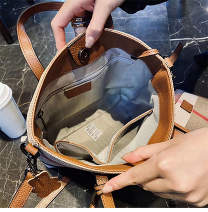 Ladies plaid canvas bag handbag parent-child bag fashionable trend vertical bucket bag shoulder bag high quality