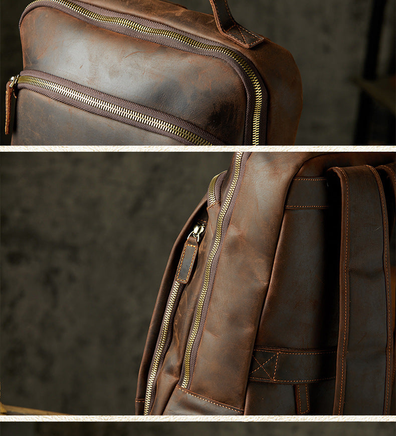 Men's Rucksack Genuine Cowhide Leather Handmade Casual Large Capacity Men's Business Bag Travel Bag 