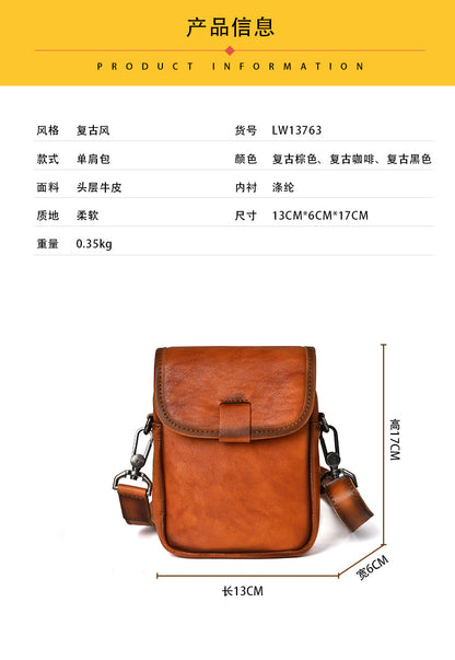 Men's Shoulder Bag Genuine Cowhide Leather Retro Casual Travel Bag Men Crossbody Bag Smartphone Pouch 