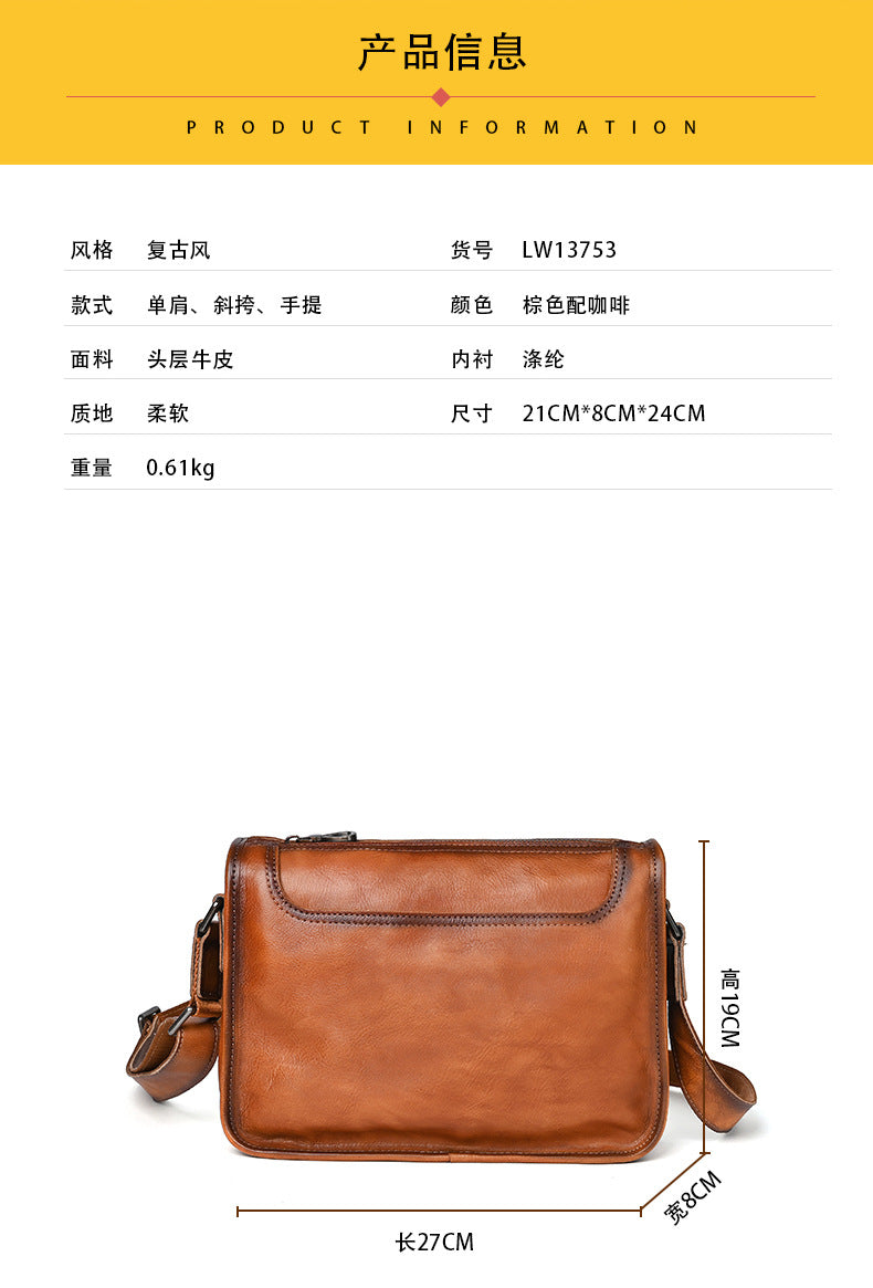 Men's Shoulder Bag Genuine Cowhide Leather Retro Casual Male Crossbody Bag 