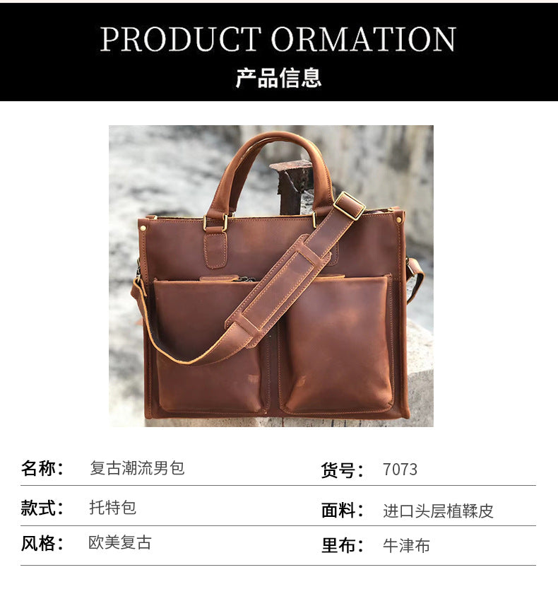 Men's Handbag Briefcase Cowhide Crazy Horse Shoulder Bag Business Commuting Crossbody Bag for Men Computer Bag 