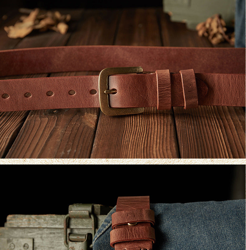 Men's belt handmade original retro cowhide genuine leather needle buckle casual simple copper buckle belt for men 