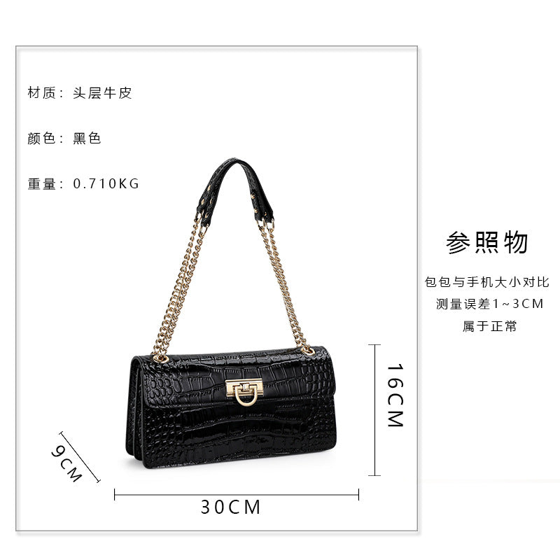 Genuine leather women's bag crocodile pattern fashion chain bag high quality crossbody bag square bag temperament shoulder bag.Pochette