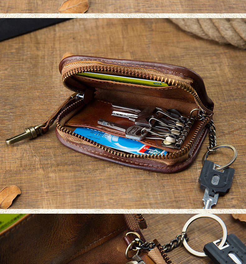 Men's Wallet Handmade Cowhide Genuine Leather Zipper Keychain for Waist Multifunctional Fashion Bag for Men