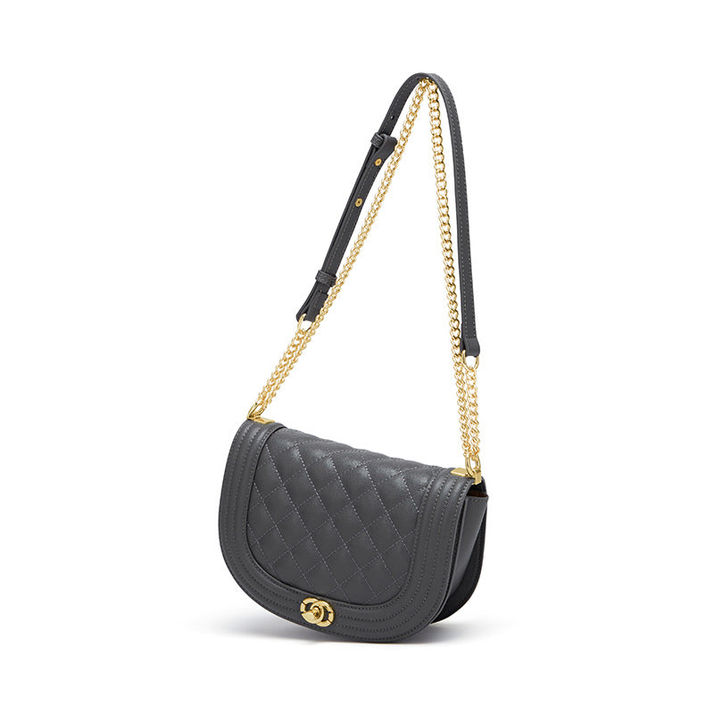 Women's Bag Saddle Bag Genuine Leather Plaid Chain Bag Single Luxury Retro Shoulder Bag.Pochette