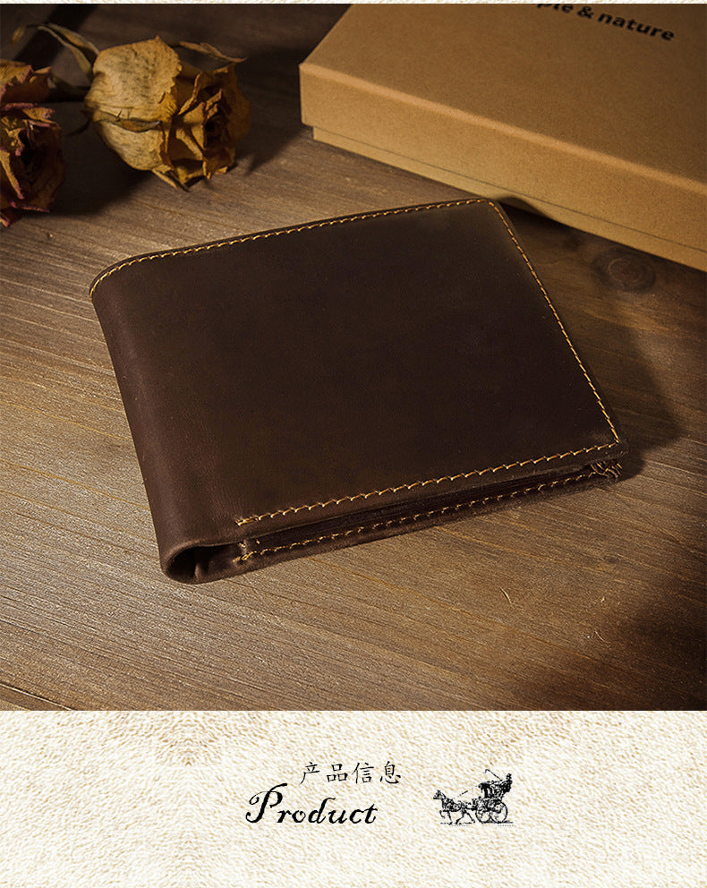 Men's Short Wallet Original Cowhide Genuine Leather Card Holder Retro Men's Wallet Card Bag 